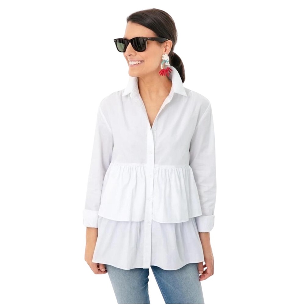 Pomander Place White Poplin Georgie Tiered Shirt Button Down Peplum Blouse XS
